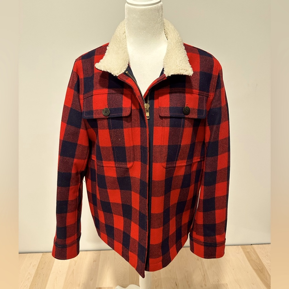 J. Crew buffalo check coat with faux shearling collar.  Size Large.